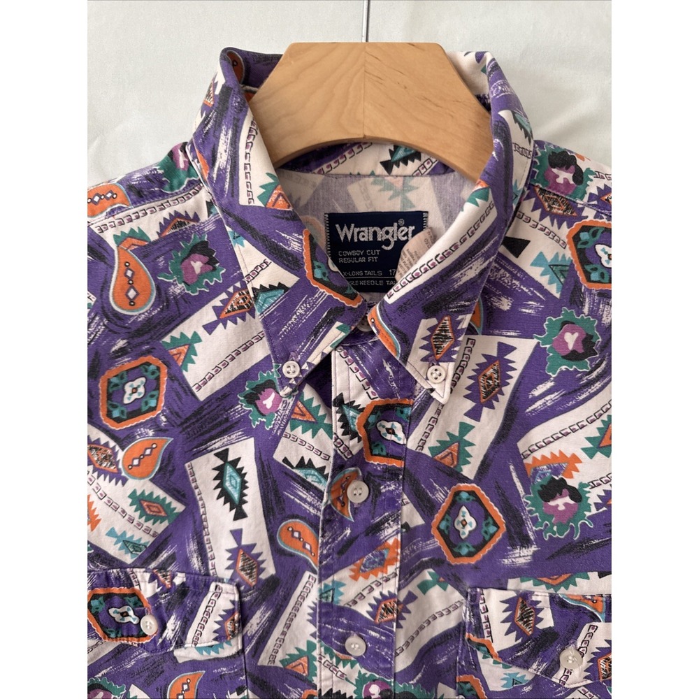 Vintage Wrangler Aztec Cowboy Cut Button Down Long Sleeve 17 1/2- 36
